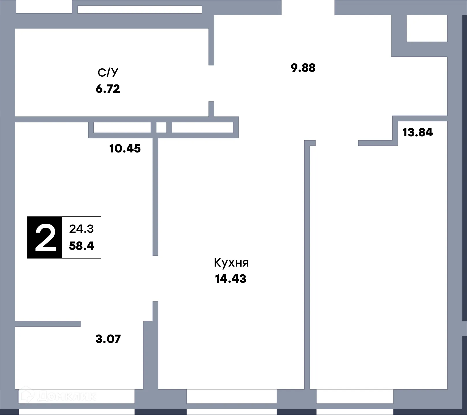 Планировка 2-комнатной квартиры 61.3 м² в ЖК Зеленый квартал, г. Самара — фото 1