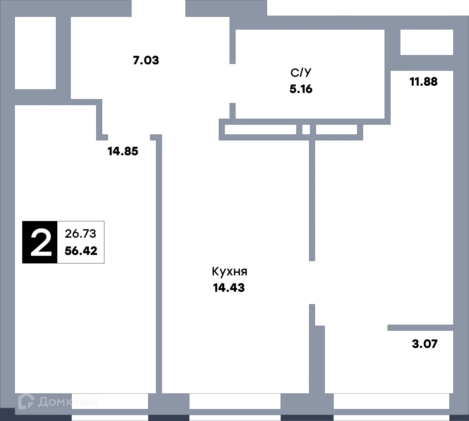 Планировка 2-комнатной квартиры 58.9 м² в ЖК Зеленый квартал, г. Самара — фото 1