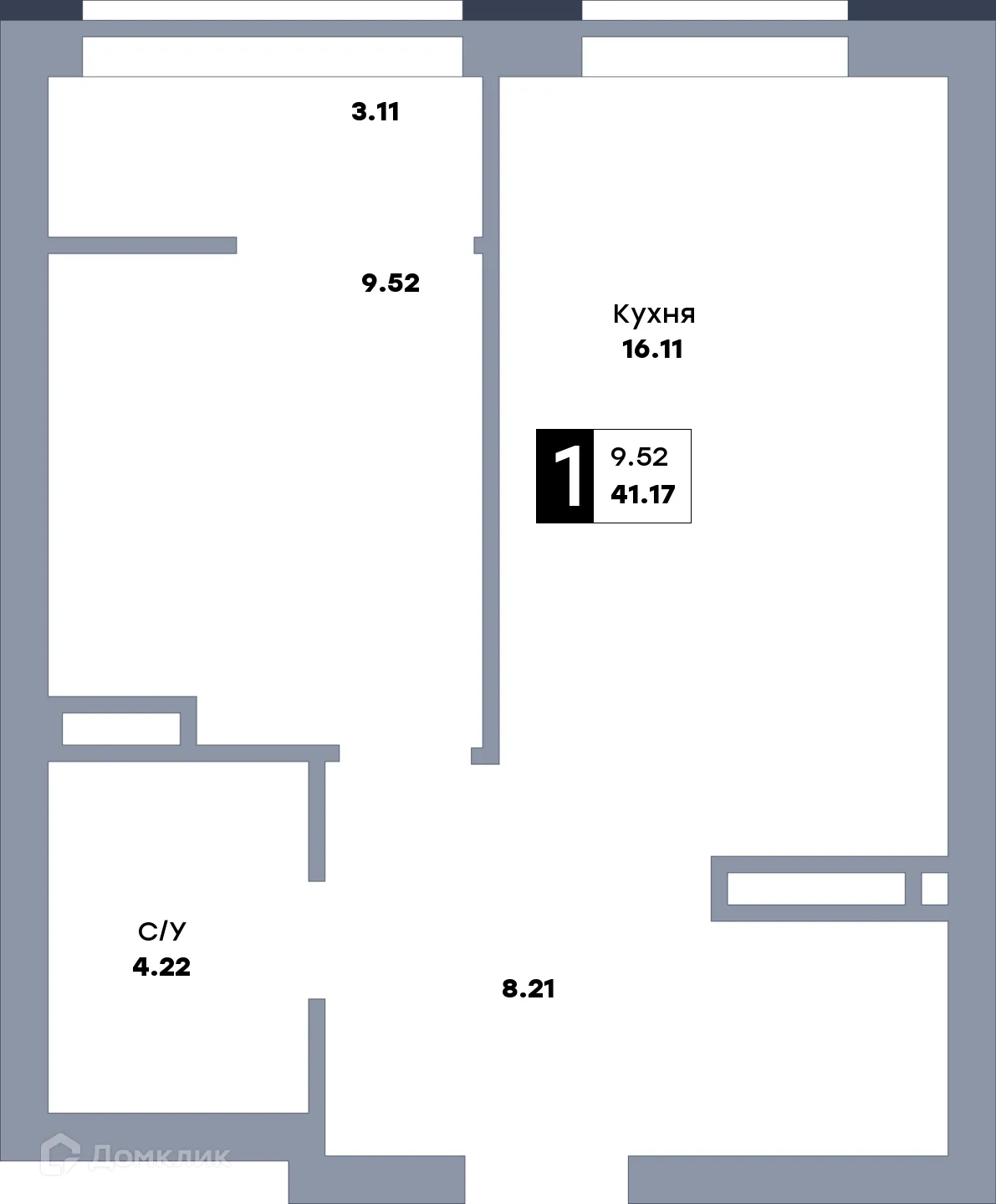 Планировка 1-комнатной квартиры 43.6 м² в ЖК Зеленый квартал, г. Самара — фото 1