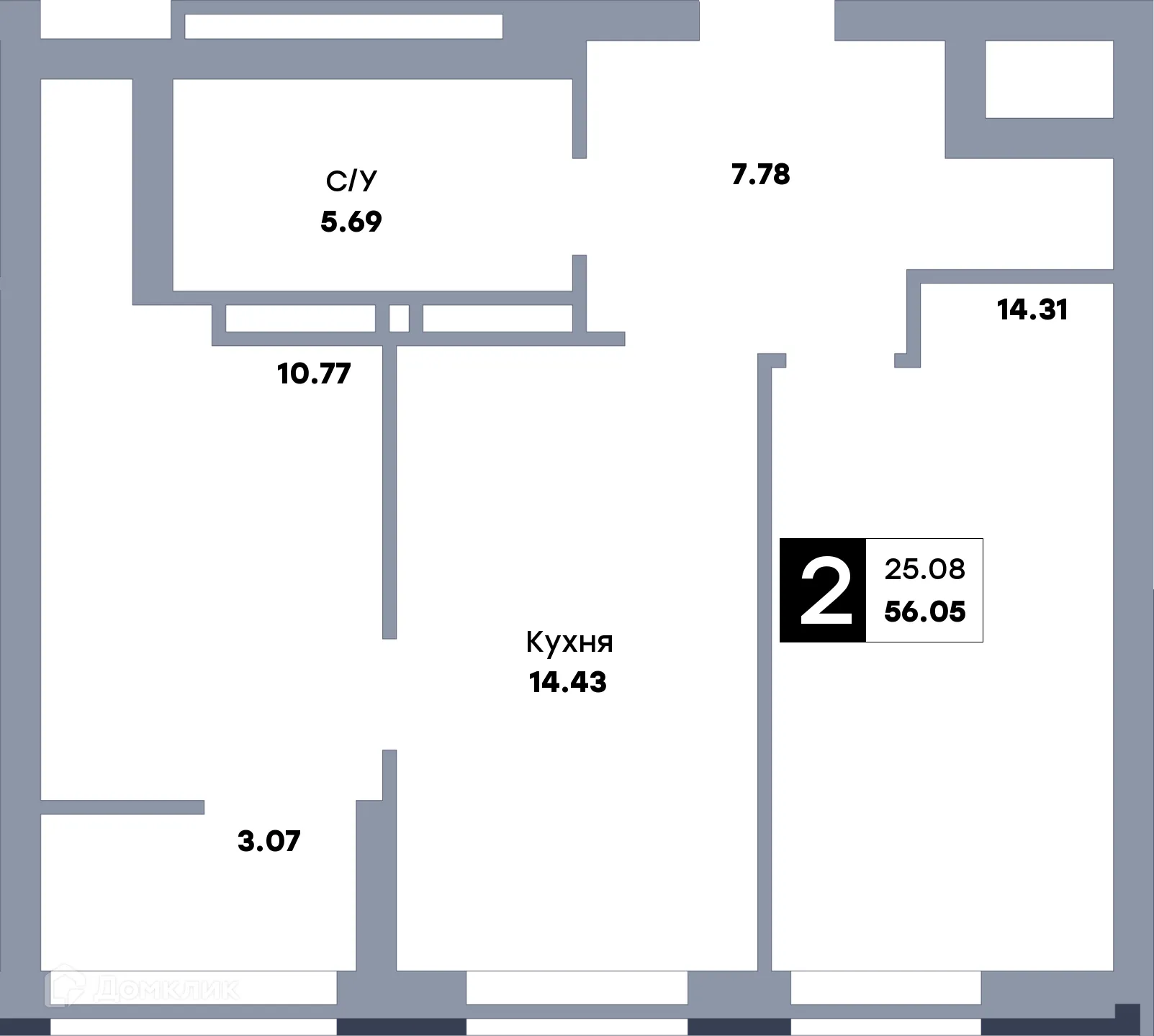 Планировка 2-комнатной квартиры 59.3 м² в ЖК Зеленый квартал, г. Самара — фото 1