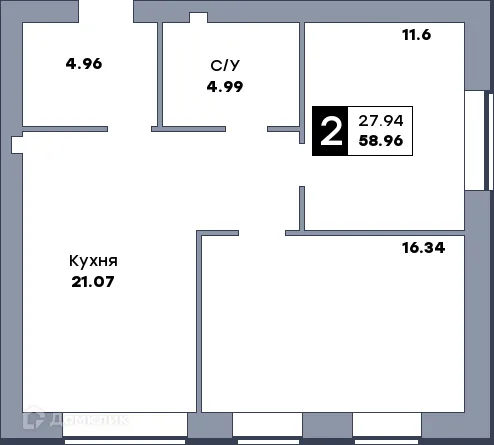 Планировка 2-комнатной квартиры 60.7 м² в ЖК Заречье, г. Самара — фото 1