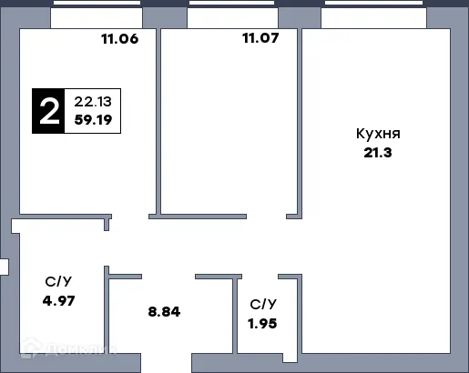Планировка 2-комнатной квартиры 61.1 м² в ЖК Заречье, г. Самара — фото 1