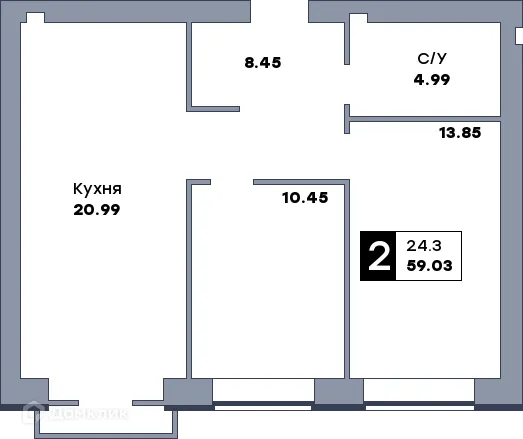 Планировка 2-комнатной квартиры 60.8 м² в ЖК Заречье, г. Самара — фото 6