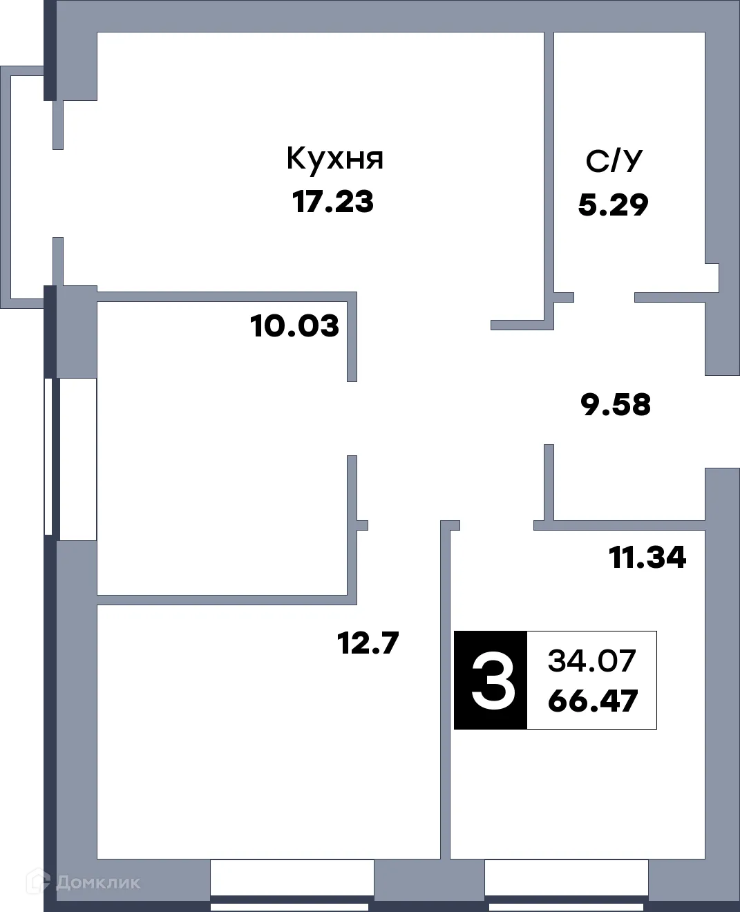Планировка 3-комнатной квартиры 67.3 м² в ЖК Заречье, г. Самара — фото 1