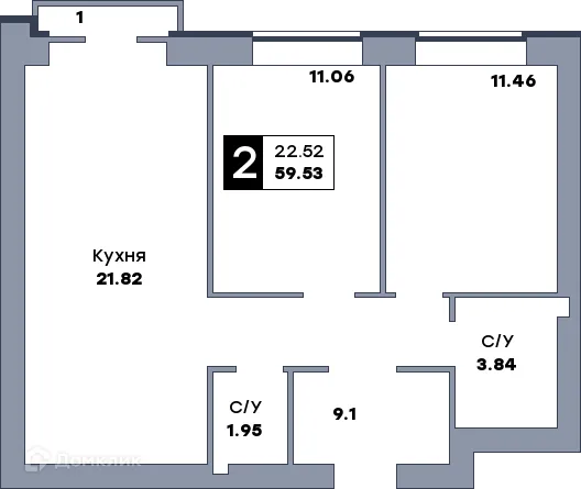 Планировка 2-комнатной квартиры 61.2 м² в ЖК Заречье, г. Самара — фото 6