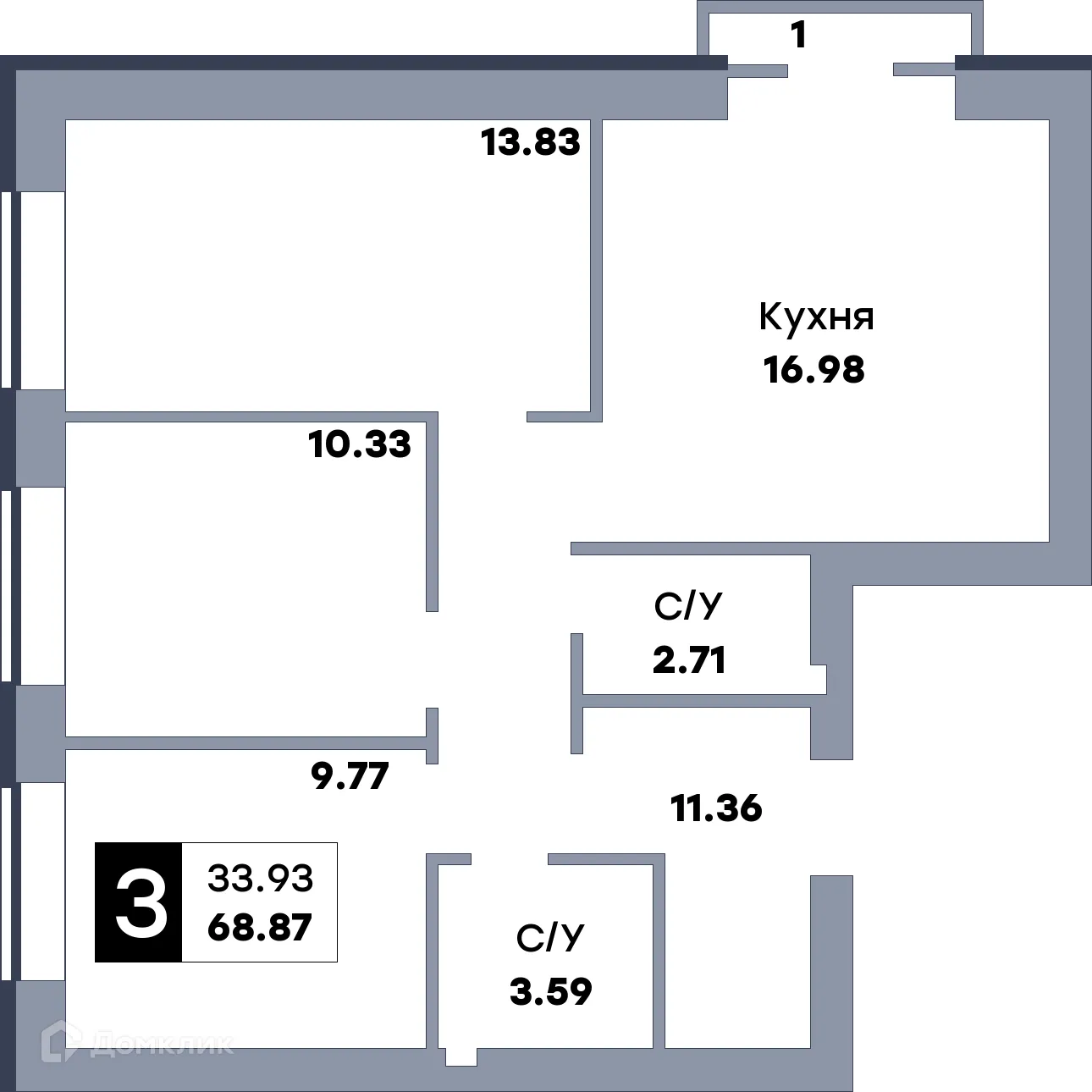 Планировка 3-комнатной квартиры 71.4 м² в ЖК Заречье, г. Самара — фото 6