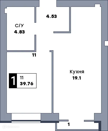Планировка 1-комнатной квартиры 40.5 м² в ЖК Заречье, г. Самара — фото 3