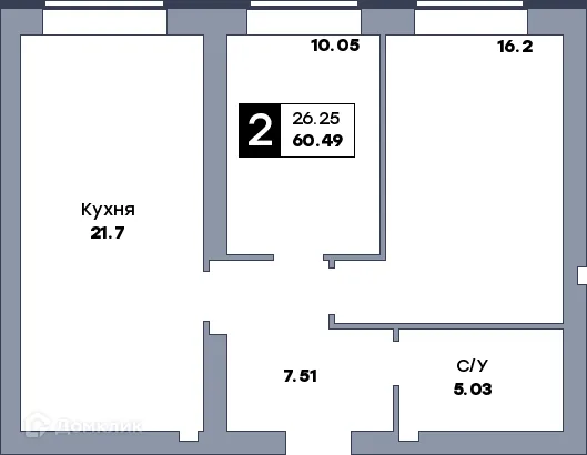 Планировка 2-комнатной квартиры 61.6 м² в ЖК Заречье, г. Самара — фото 6