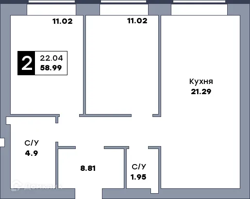 Планировка 2-комнатной квартиры 60.9 м² в ЖК Заречье, г. Самара — фото 1