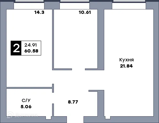 Планировка 2-комнатной квартиры 62.2 м² в ЖК Заречье, г. Самара — фото 1