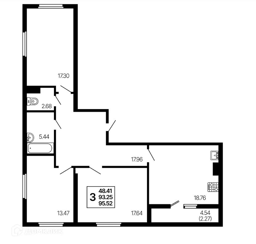 Планировка 3-комнатной квартиры 95.52 м² в ЖК Развитие, г. Самара — фото 1