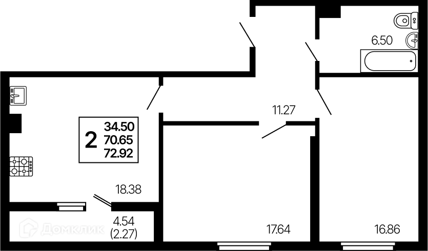 Планировка 2-комнатной квартиры 72.92 м² в ЖК Развитие, г. Самара — фото 1