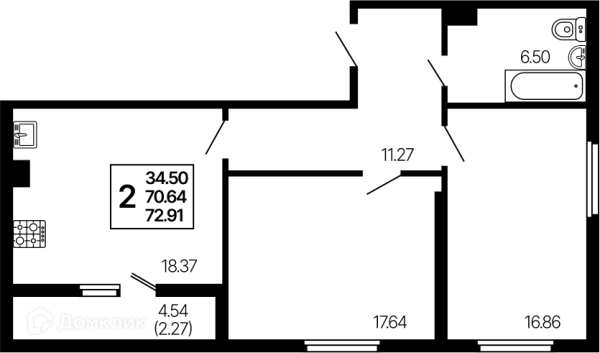 Планировка 2 комн. в ЖК Развитие