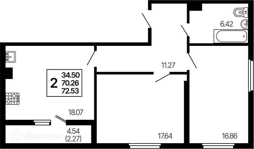 Планировка 2-комнатной квартиры 72.53 м² в ЖК Развитие, г. Самара — фото 1