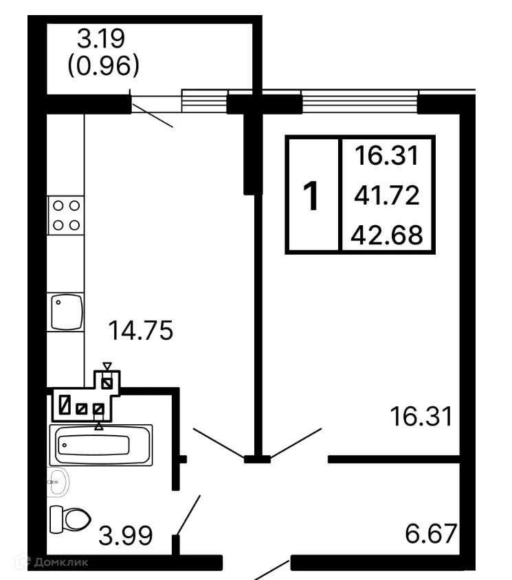 Планировка 1-комнатной квартиры 42.68 м² в ЖК Развитие, г. Самара — фото 1