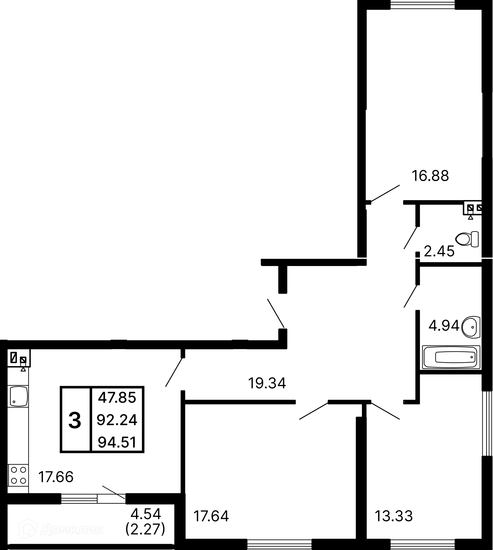 Планировка 3-комнатной квартиры 94.51 м² в ЖК Развитие, г. Самара — фото 1