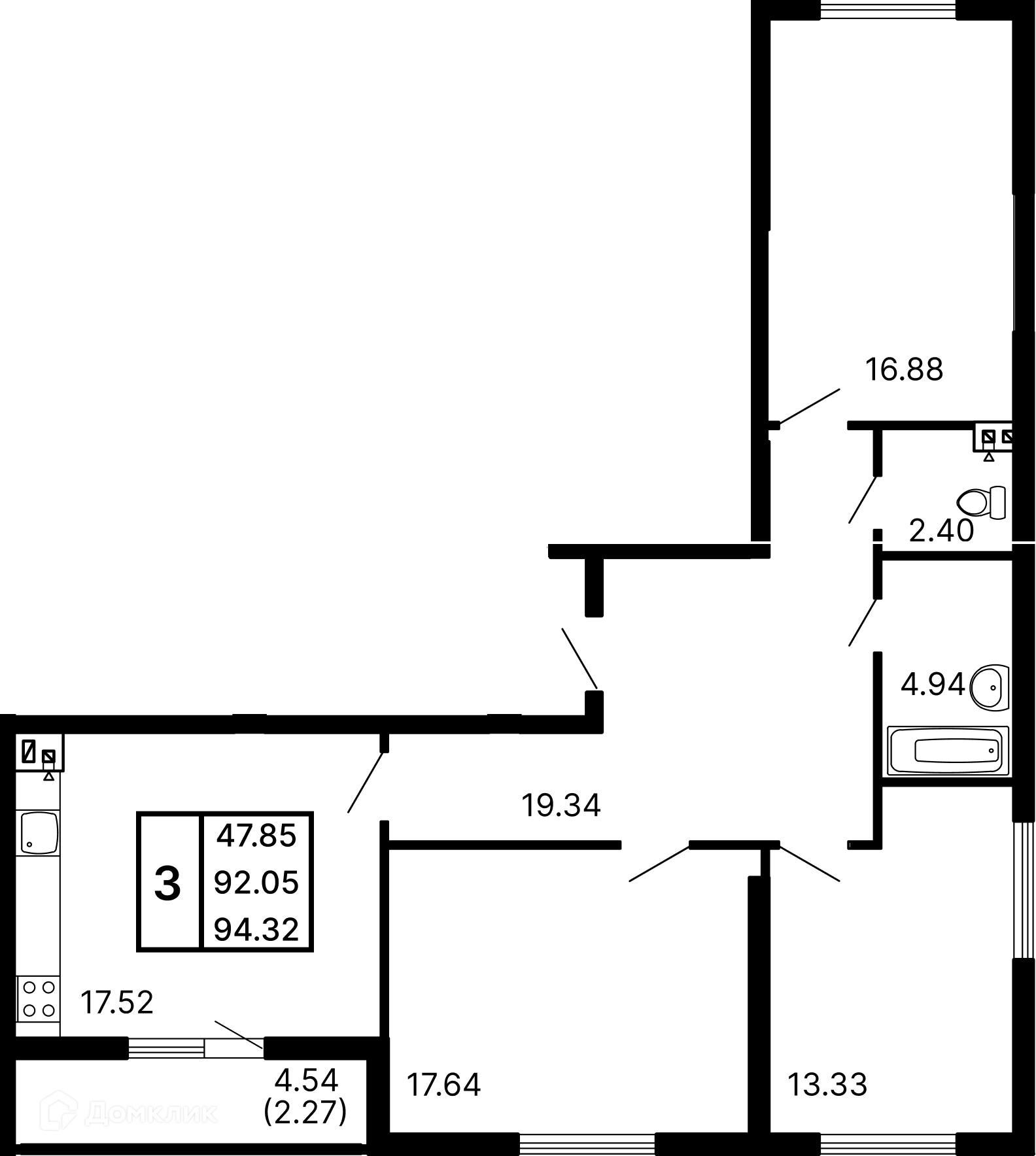 Планировка 3-комнатной квартиры 94.32 м² в ЖК Развитие, г. Самара — фото 1