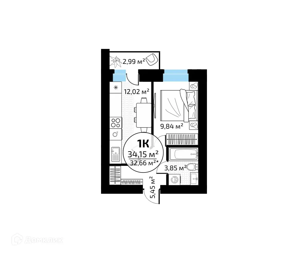 Планировка 1-комнатной квартиры 34.2 м² в ЖК "Новая Самара", г. Самара — фото 6
