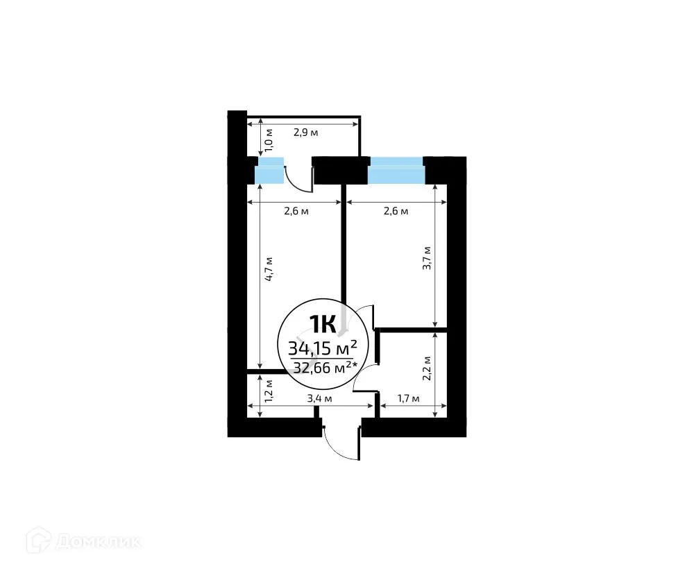 Планировка 1-комнатной квартиры 34.2 м² в ЖК "Новая Самара", г. Самара — фото 7