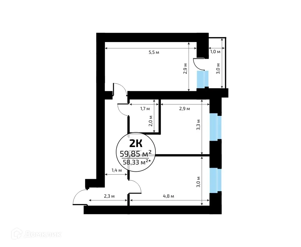 Планировка 2-комнатной квартиры 59.9 м² в ЖК "Новая Самара", г. Самара — фото 7