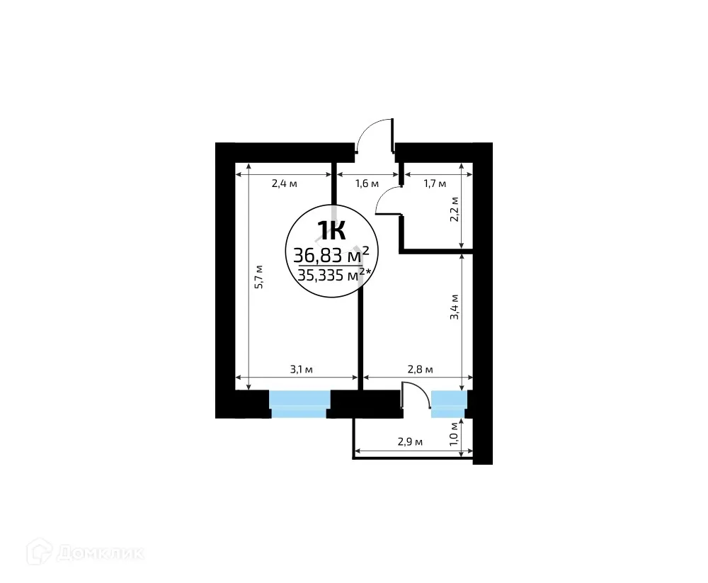 Планировка 1-комнатной квартиры 36.83 м² в ЖК "Новая Самара", г. Самара — фото 2