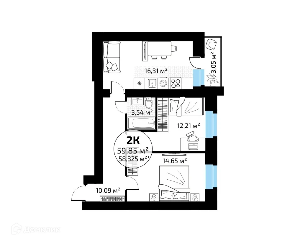 Планировка 2-комнатной квартиры 59.85 м² в ЖК "Новая Самара", г. Самара — фото 1