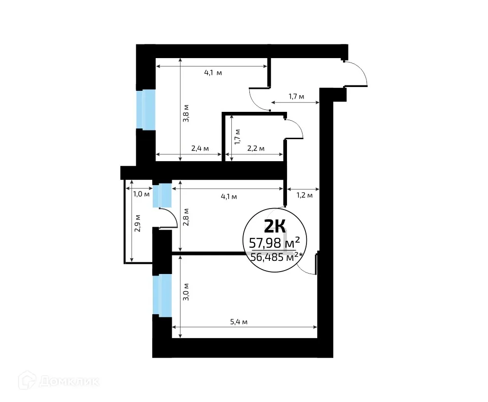 Планировка 2-комнатной квартиры 57.98 м² в ЖК "Новая Самара", г. Самара — фото 2