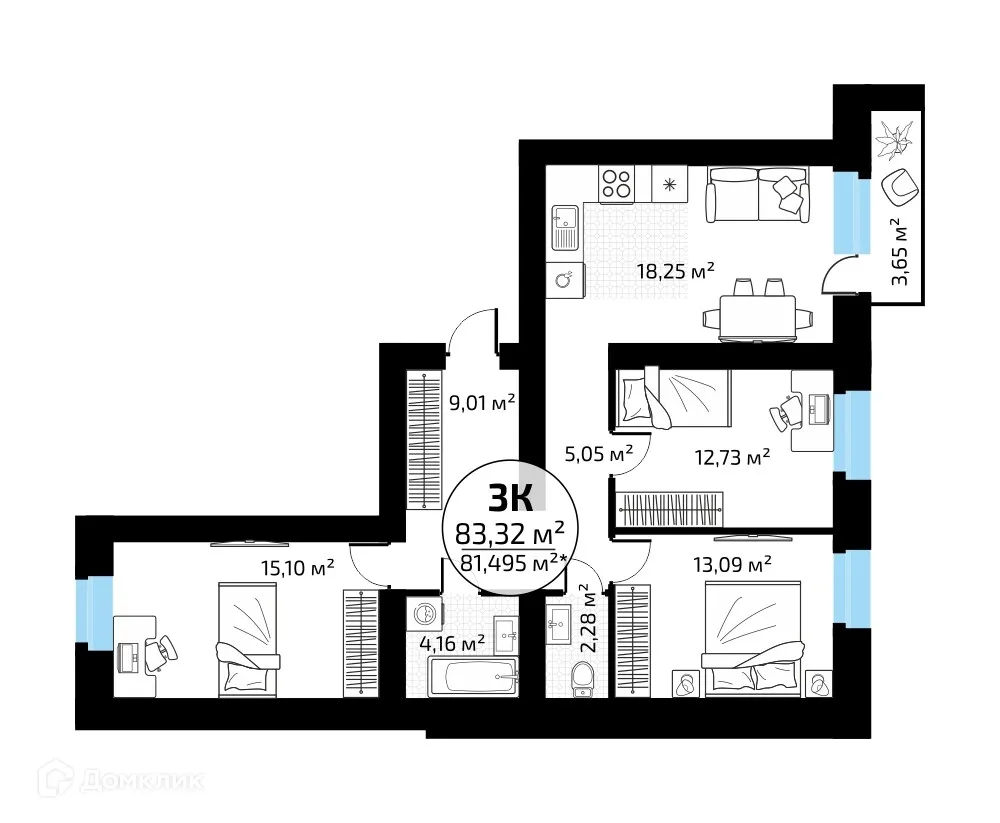 Планировка 3-комнатной квартиры 83.32 м² в ЖК "Новая Самара", г. Самара — фото 1