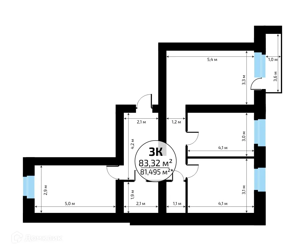 Планировка 3-комнатной квартиры 83.32 м² в ЖК "Новая Самара", г. Самара — фото 2
