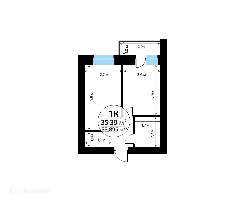 Планировка 1-комнатной квартиры 35.39 м² в ЖК "Новая Самара", г. Самара — фото 2