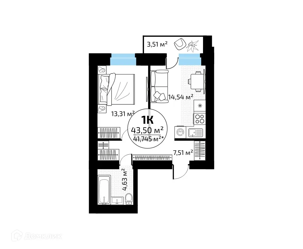 Планировка 1-комнатной квартиры 43.5 м² в ЖК "Новая Самара", г. Самара — фото 1