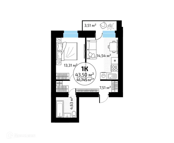 Планировка 1 комн. в ЖК "Новая Самара"