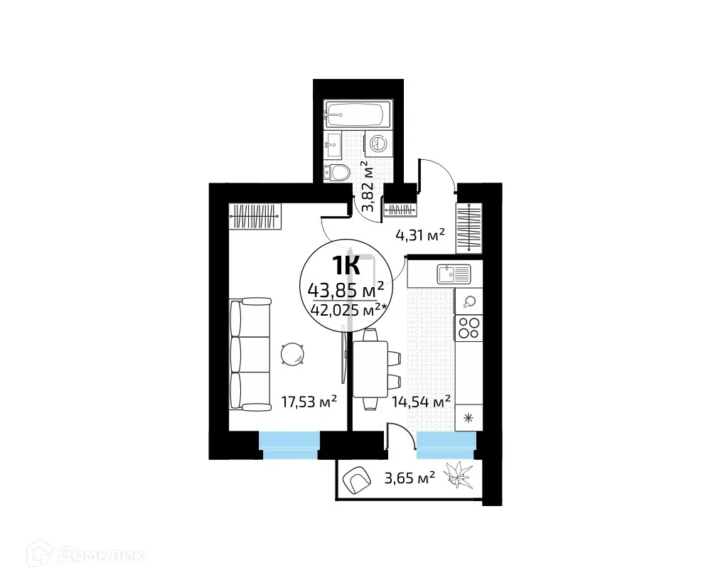 Планировка 1-комнатной квартиры 43.85 м² в ЖК "Новая Самара", г. Самара — фото 1