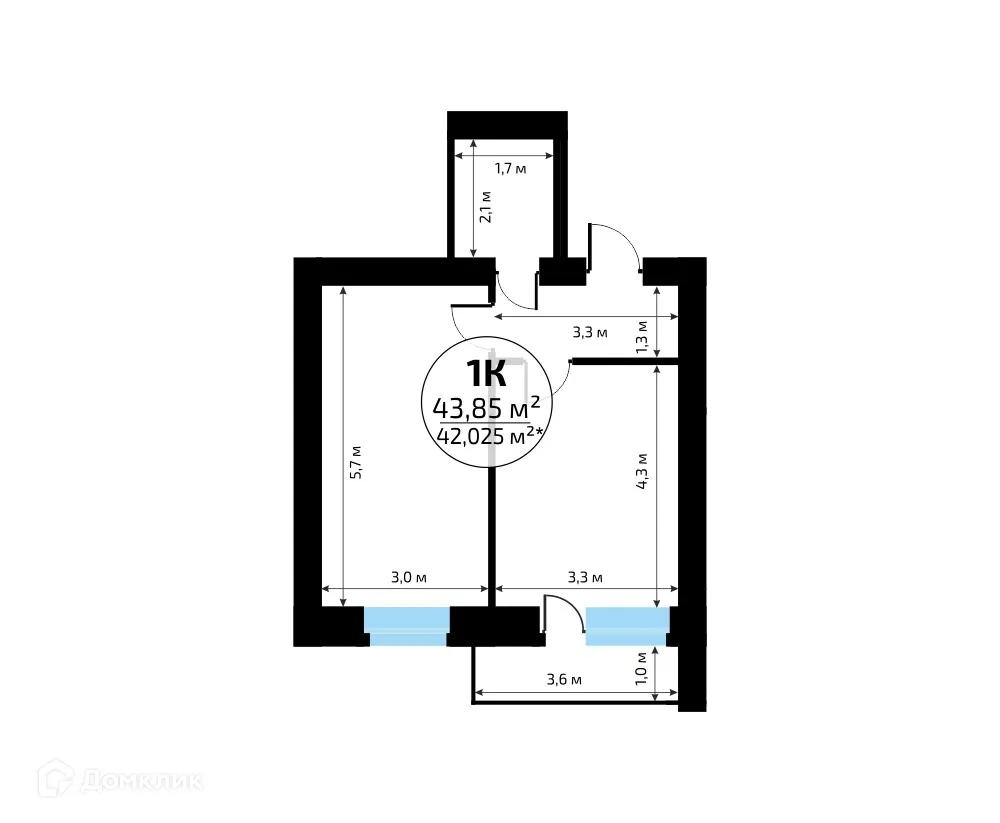 Планировка 1-комнатной квартиры 43.85 м² в ЖК "Новая Самара", г. Самара — фото 2
