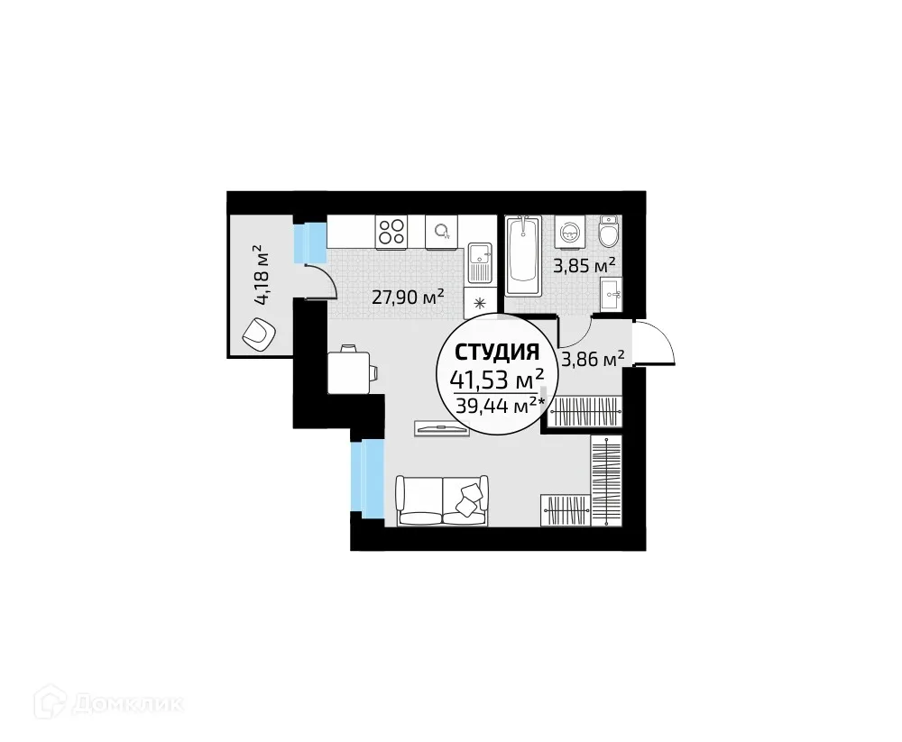 Планировка студии квартиры 41.53 м² в ЖК "Новая Самара", г. Самара — фото 1