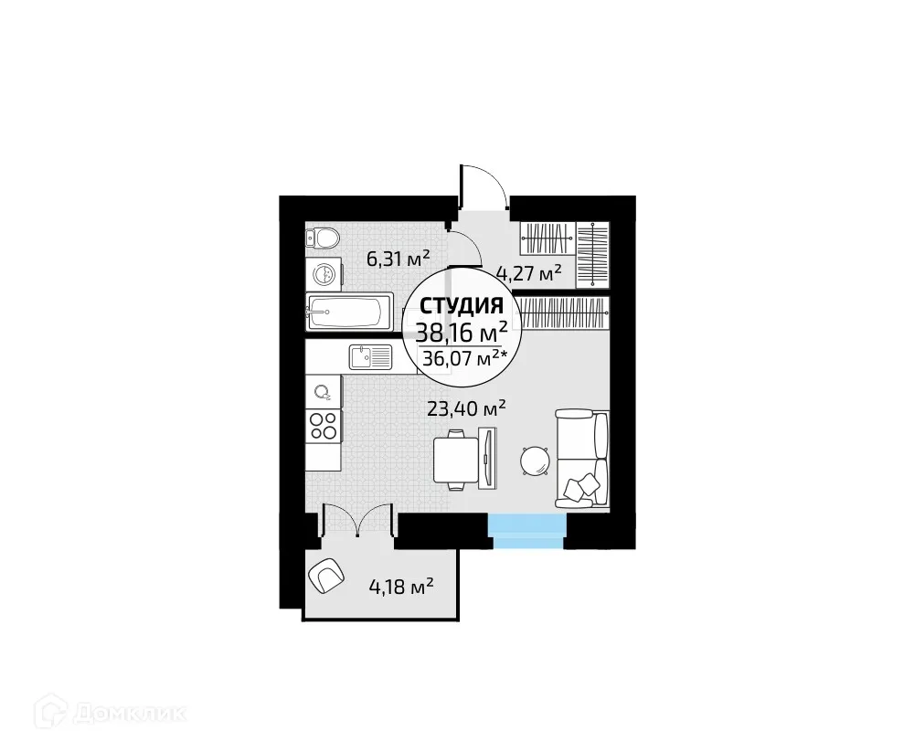 Планировка студии квартиры 38.16 м² в ЖК "Новая Самара", г. Самара — фото 1