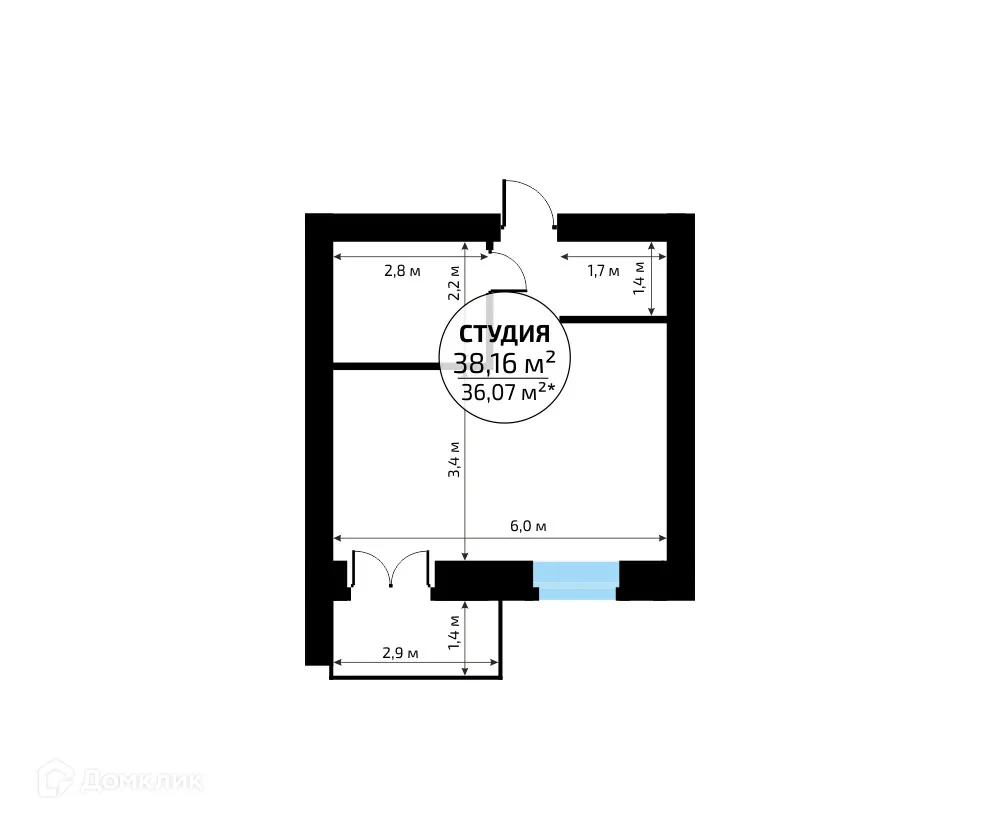 Планировка студии квартиры 38.16 м² в ЖК "Новая Самара", г. Самара — фото 2