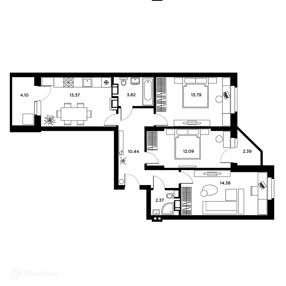 Планировка 3-комнатной квартиры 76.9 м² в ЖК Московский, г. Самара — фото 2