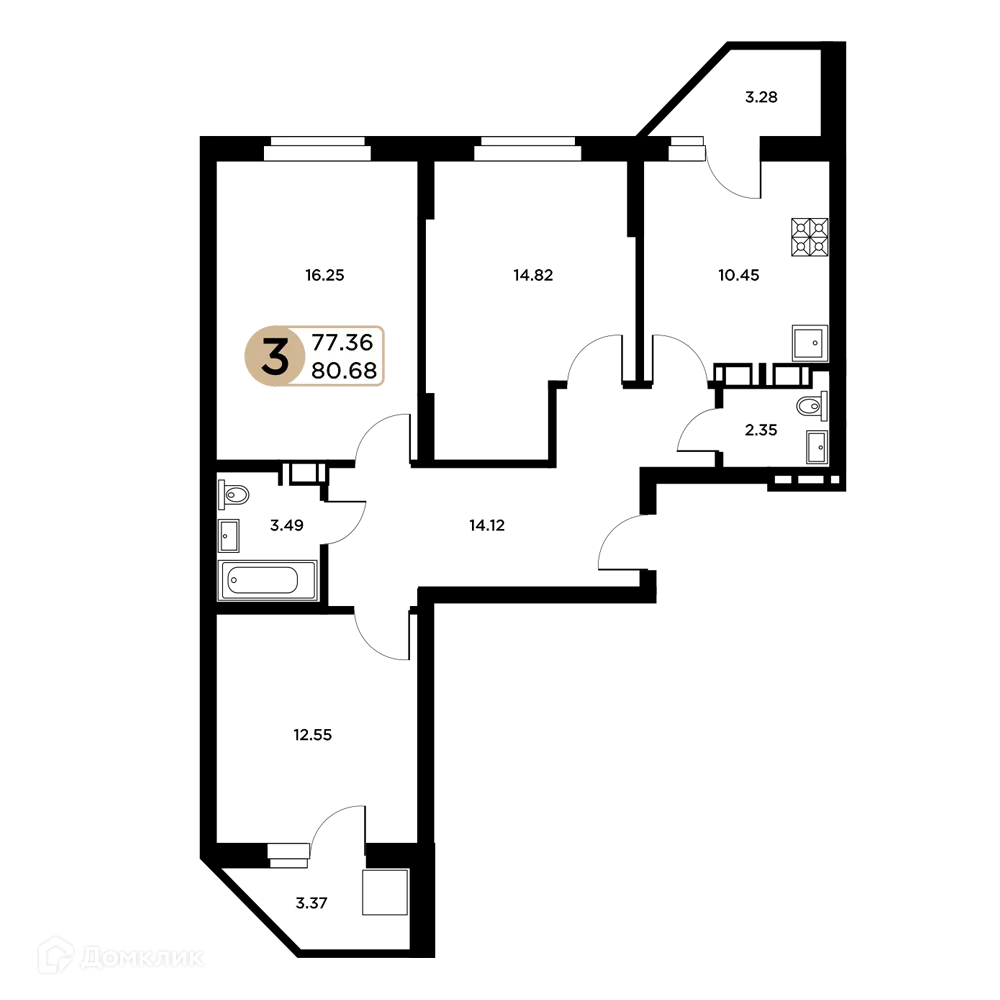 Планировка 3-комнатной квартиры 80 м² в ЖК Московский, г. Самара — фото 2