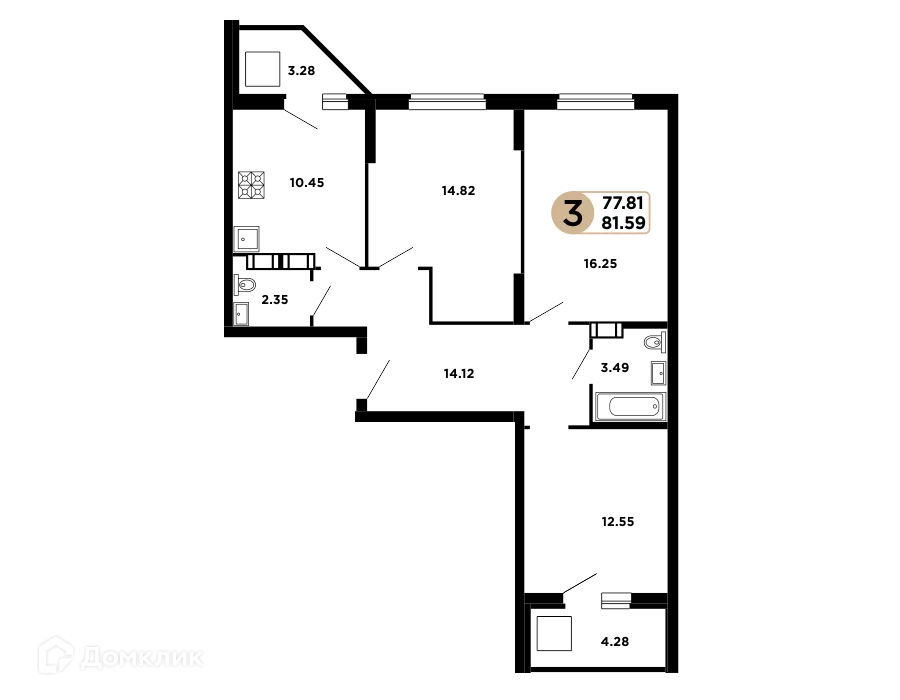 Планировка 3-комнатной квартиры 79.6 м² в ЖК Московский, г. Самара — фото 1