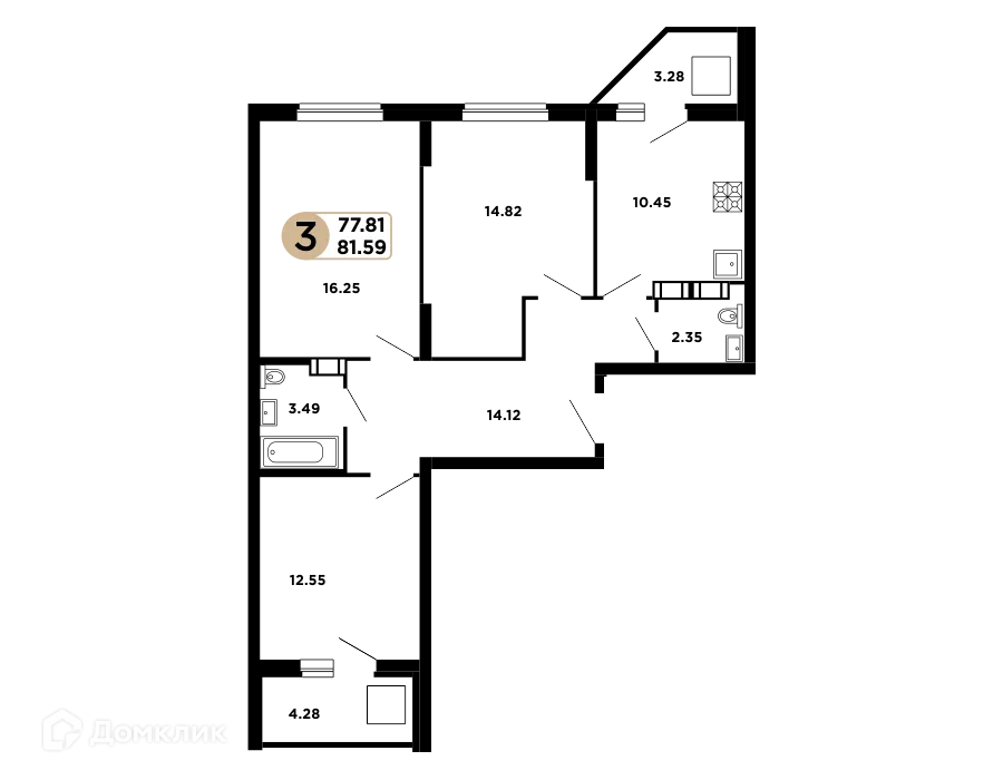 Планировка 3-комнатной квартиры 79.8 м² в ЖК Московский, г. Самара — фото 1