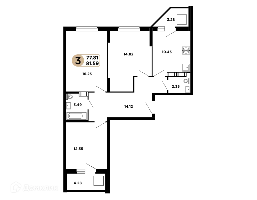 Планировка 3-комнатной квартиры 80.1 м² в ЖК Московский, г. Самара — фото 3