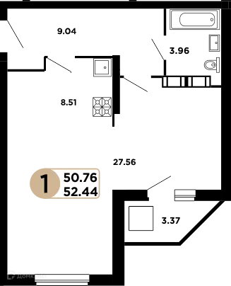 Планировка 1-комнатной квартиры 48.4 м² в ЖК Московский, г. Самара — фото 1
