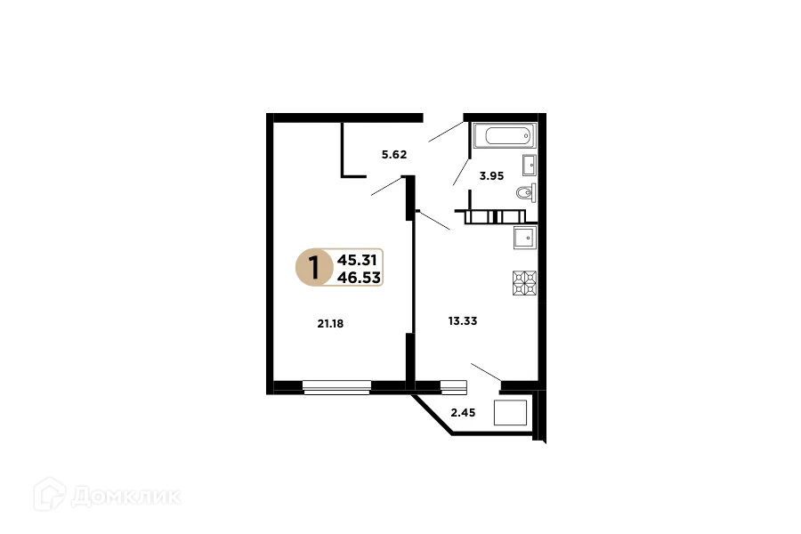 Планировка 1-комнатной квартиры 46.3 м² в ЖК Московский, г. Самара — фото 1