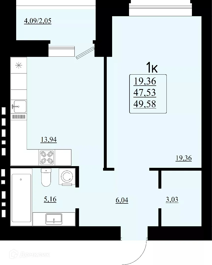 Планировка 1-комнатной квартиры 49.58 м² в ЖК "Эстетика", г. Самара — фото 2