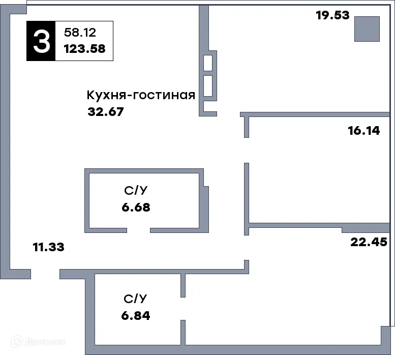 Планировка 3-комнатной квартиры 123.58 м² в ЖК Самара Сити, г. Самара — фото 1