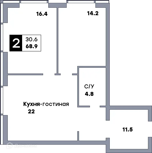 Планировка 2-комнатной квартиры 68.4 м² в ЖК Самара Сити, г. Самара — фото 1
