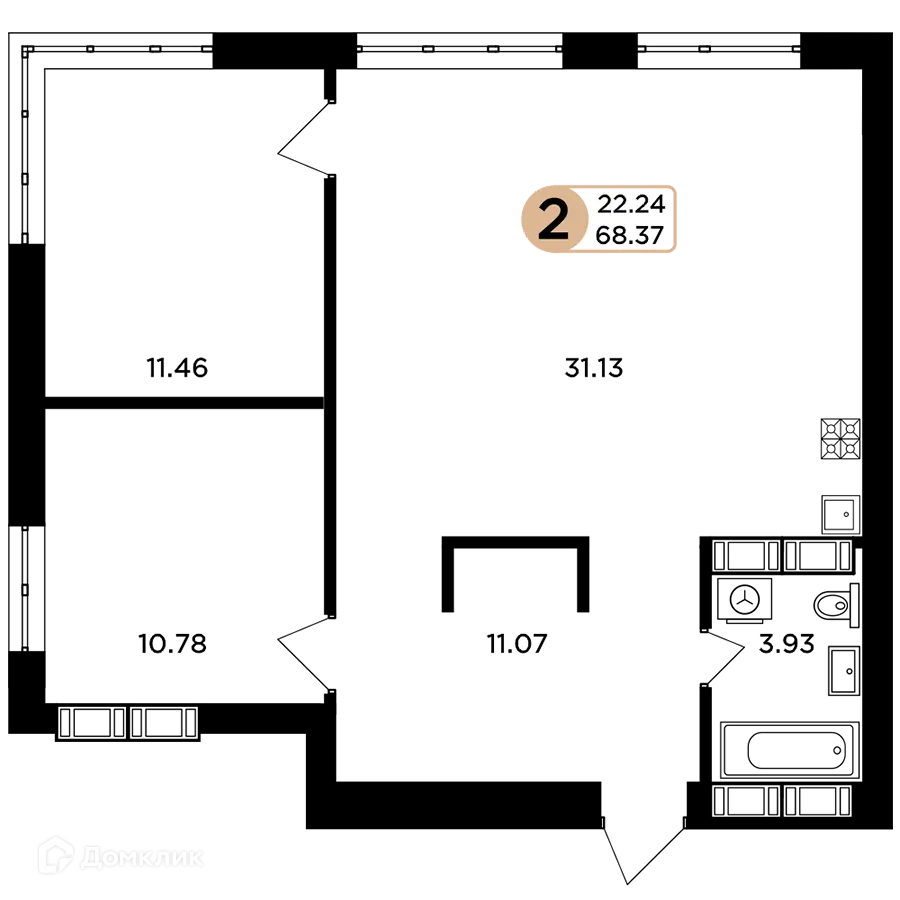 Планировка 2-комнатной квартиры 68.37 м² в ЖК Легенда, г. Самара — фото 1