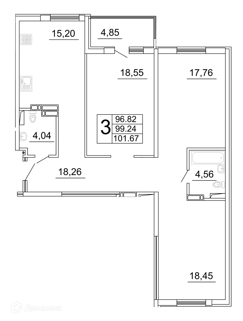 Планировка 3-комнатной квартиры 101.83 м² в ЖК "Дом у Космопорта-2", г. Самара — фото 1