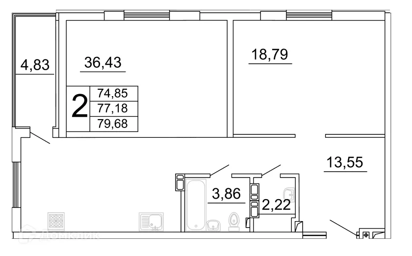 Планировка 2-комнатной квартиры 79.52 м² в ЖК "Дом у Космопорта-2", г. Самара — фото 1